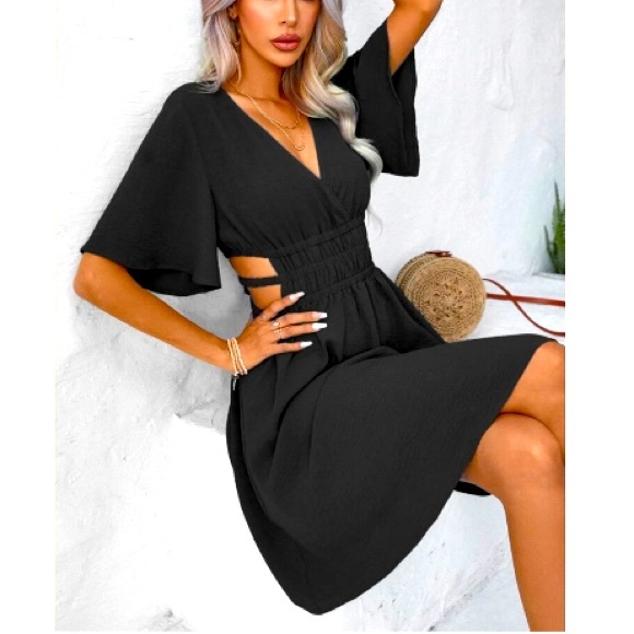 NWOT SURPLUS V NECK CUT OUT WAIST BUTTERFLY SLEEVES DRESS! NEVER WORN! - Picture 3 of 8